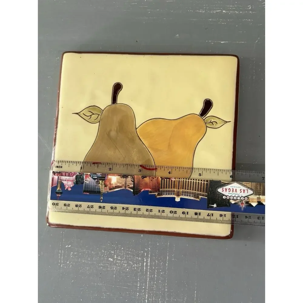 RUSS Hand Painted Glazed Terracotta Pear Kitchen Trivet # 26741 Vintage